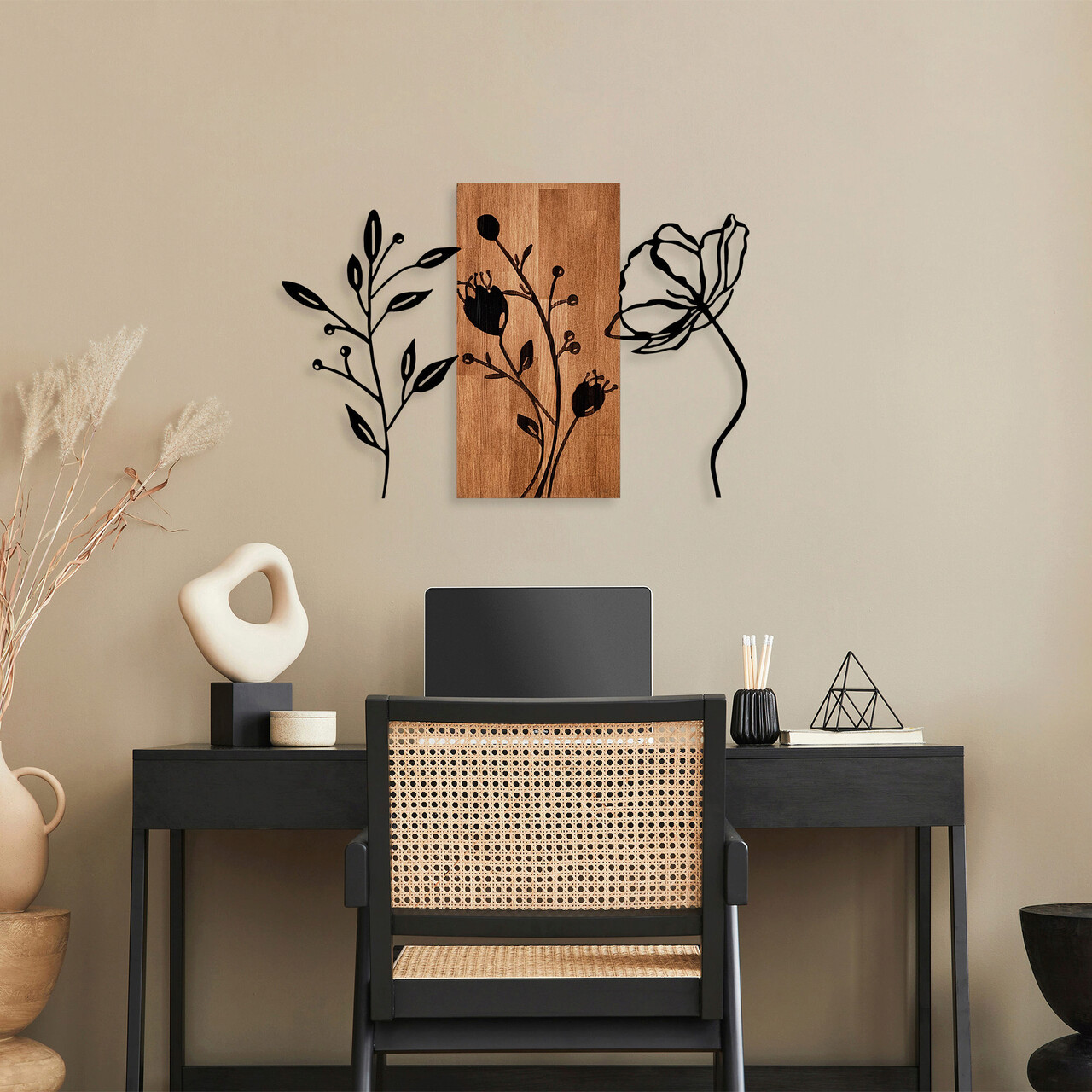 Decoratiune de perete, Triple Flowers, Dimensiuni: 58 x 86 cm, Nuc / Negru - imagine 7